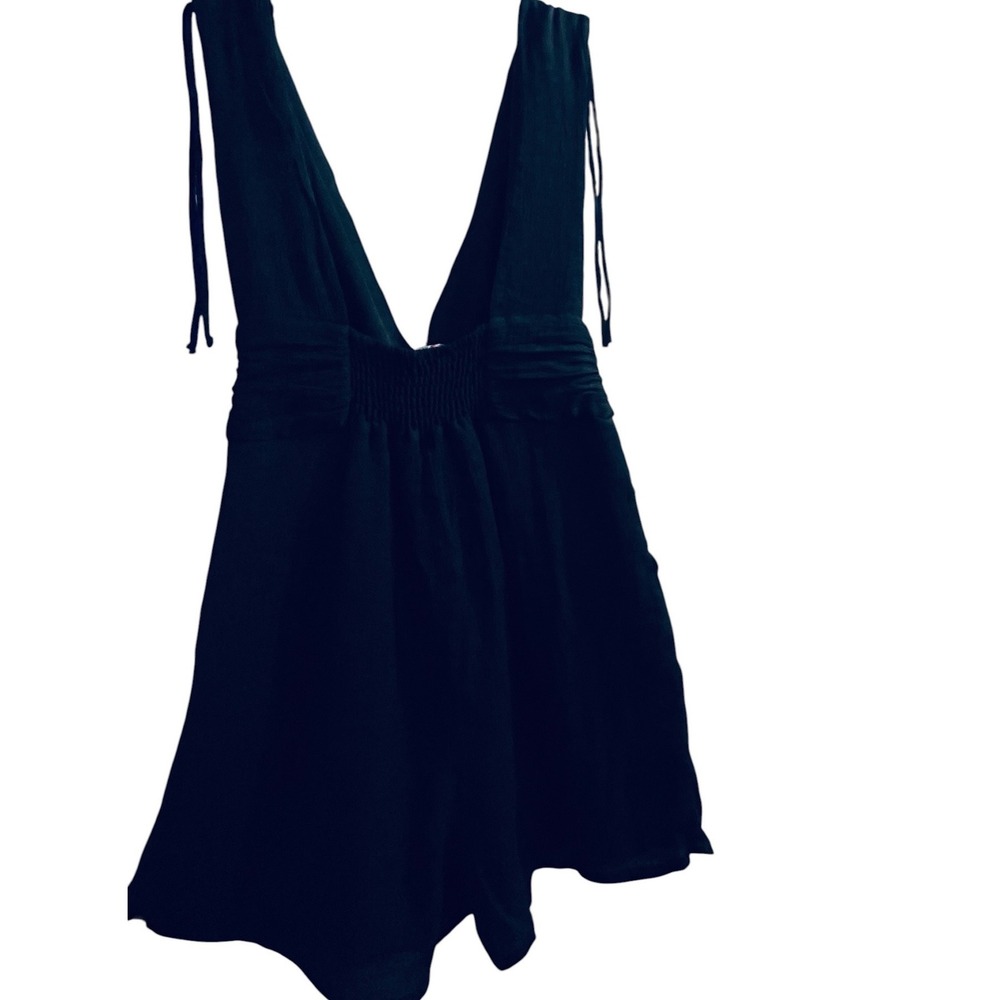 One Clothing Los Angeles Black Deep V-Neck Romper Smocked Back Shoulder Ties S - Picture 7 of 14